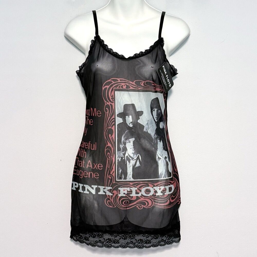 2022 Romwe Pink Floyd Mesh Lace Trim Mini Slip Dress Sz L Sheer Cami